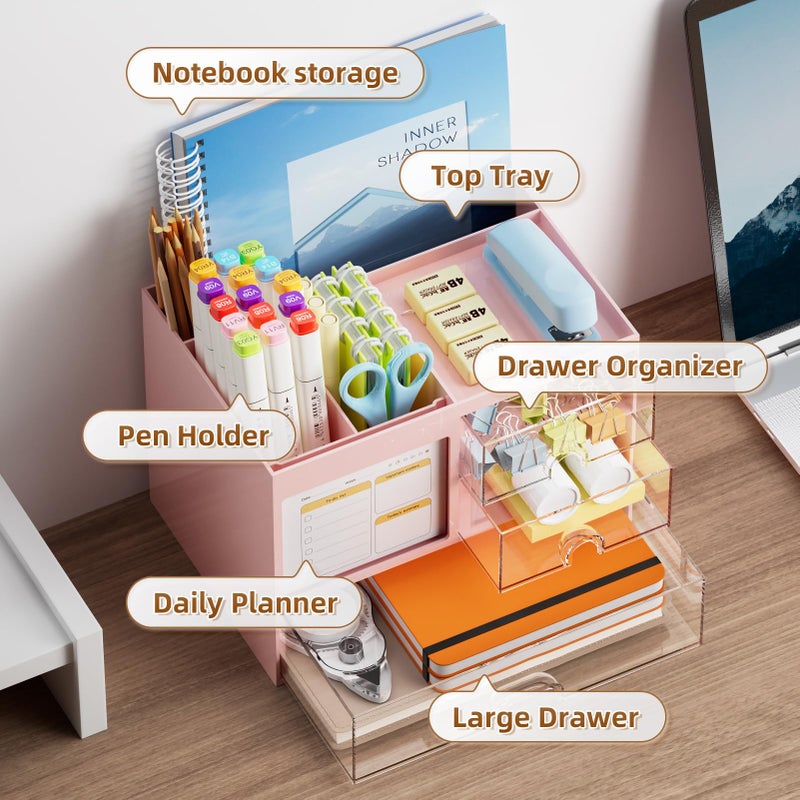Marbrasse Desk Organizer with 3 Drawer, Multi-Functional Pencil Pen Holder for Desk, Desk Organizers and Accessories with 4 Compartments, Desktop Organizer Storage for Office Home Art Supplies (Pink) - Image 2